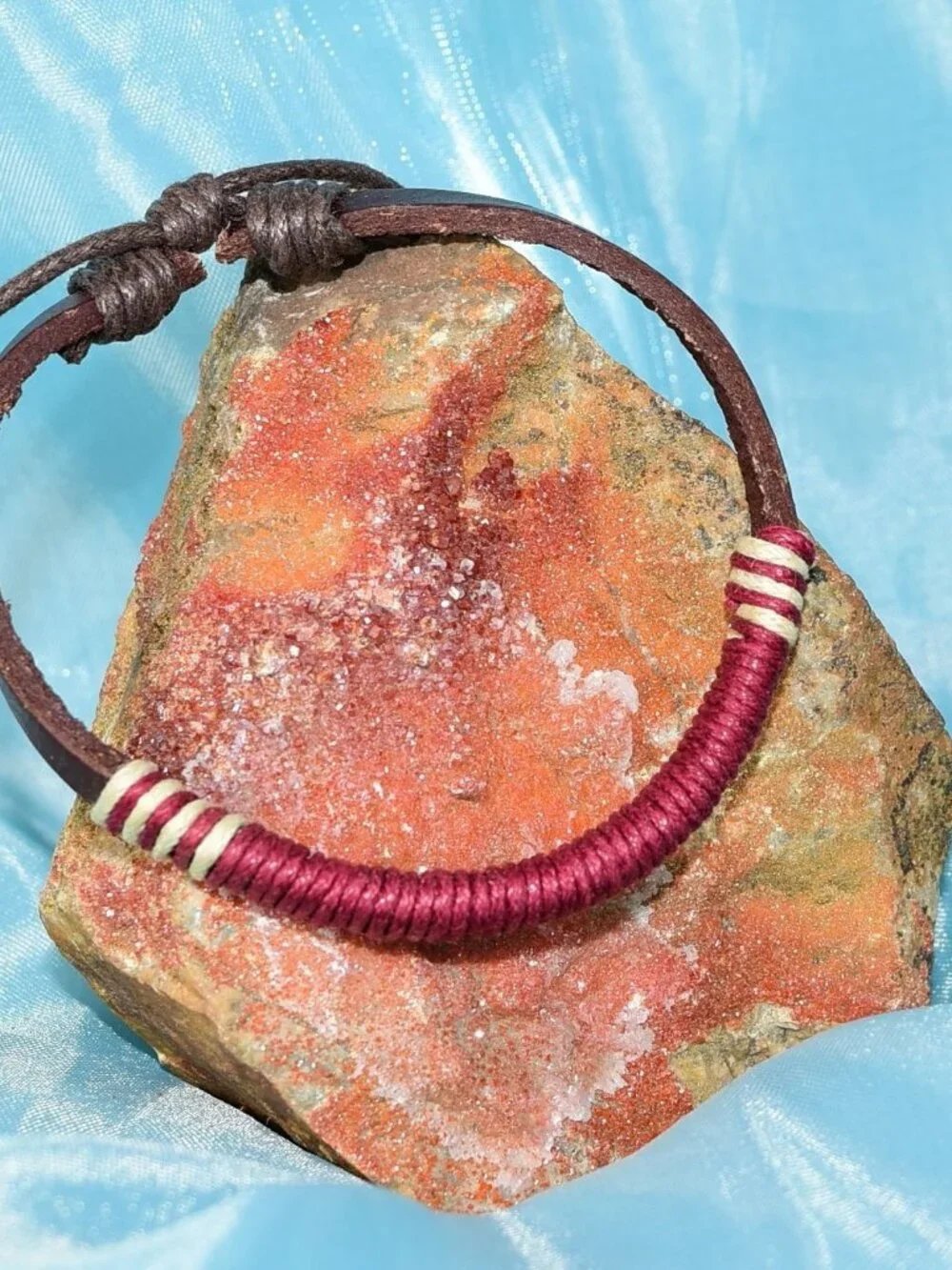 Taylor Rei Hemp Accent Bound Leather Bracelet Maroon Wine Red Mens Gift Boxed